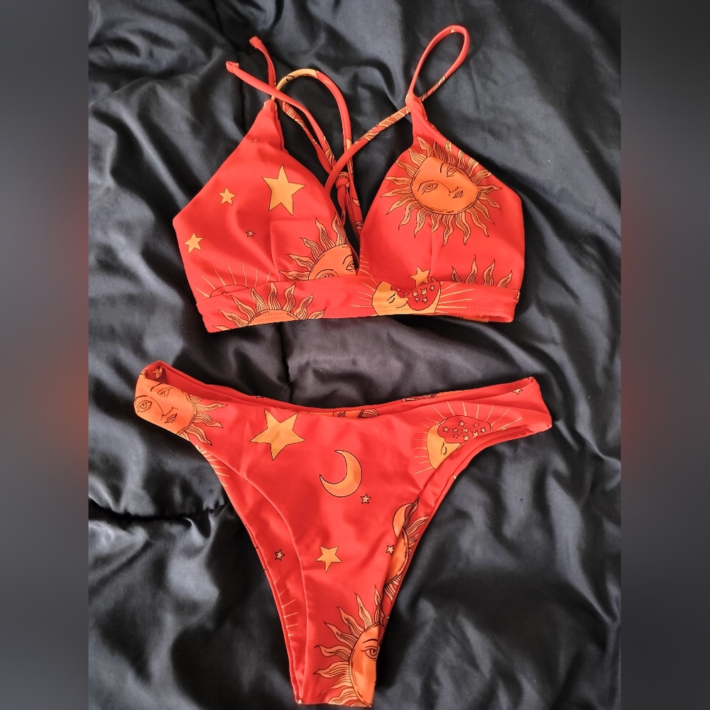 Sun & Moon Orange Red Bikini Size S:Small (Celestial, stars, swimsuit, Zaful)